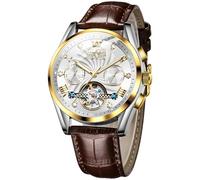 OLEVS Herrenuhr Leder Skelett Automatik Mechanisch Tourbillon Kalender Mondphase Leuchtend Wasserdicht Luxus Business Armbanduhr, 7088: Weißes Zifferblatt und braunes Leder