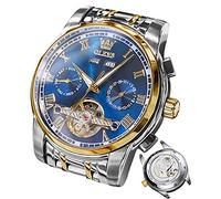OLEVS Herrenuhren Automatik Blau Mechanische Armbanduhr mit Tourbillon Kalender Wasserdicht Leuchtende Zweifarbige Uhren Männer