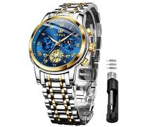 OLEVS Herrenuhren Edelstahlarmband Quarz Uhr Männer mit Römischen Zahlen Mondphase Wasserdicht Leuchtende Klassische Elegantes Armbanduhr Geschenk Sale Marken Blau Zweifarbig
