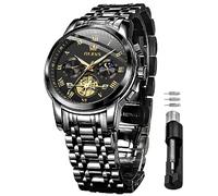 OLEVS Herrenuhren Schwarz Edelstahlarmband Quarz Uhr Männer mit Römischen Zahlen Mondphase Wasserdicht Leuchtende Klassische Elegantes Armbanduhr Geschenk Sale Marken