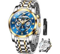 OLEVS Luxuriöse Herren-Armbanduhr, Skelett, Automatikuhr, Diamant, selbstaufziehend, mechanisch, Geschenk, leuchtend, wasserdicht, G6721: Zweifarbiges Band und blaues Zifferblatt