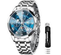 OLEVS Männer Uhr Quarz Luxus Business Uhren Multifunktion Chronograph Mondphase wasserdicht Leuchtend Alle blauen Gesicht Silber Edelstahl Armbanduhren