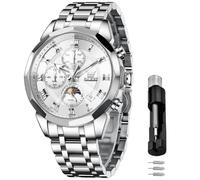 OLEVS Männer Uhr Quarz Luxus Business Uhren Multifunktion Chronograph Mondphase wasserdicht Leuchtend Silber Gesicht Silber Edelstahl Armbanduhren