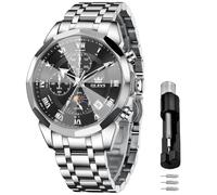 OLEVS Männer Uhr Quarz Luxus Business Uhren Multifunktion Chronograph Mondphase wasserdicht Leuchtend schwarz Gesicht Silber Edelstahl Armbanduhren