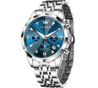 OLEVS Männer Uhr Quarz Luxus Business Uhren Multifunktion Chronograph Mondphase wasserdicht Leuchtend Alle blauen Gesicht Silber Edelstahl Armbanduhr