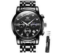 OLEVS Modische Herrenuhr Schwarz Luxus Edelstahl Herren Armbanduhr Mondphase Datum Leuchtzeiger Quarz Uhren Männer Business Casual Design Chronograph Geschenk für Freund Männeruhr