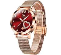 OLEVS Roségold Armbanduhr Damen Edelstahl Schicke Ultradünne Damenuhr Rote Zifferblatt mit Herz Diamant Analog Kleid Uhr Damen Mesh Armband Quarz Wasserdicht Uhren Frauen Leuchtend Geschenke
