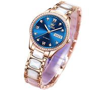 OLEVS Roségold Damenuhren Keramik Edelstahlband Automatische Mechanische Uhr Wasserdicht Leuchtender Zeiger Kalender Diamanten Elegante Uhren für Frauen Rot/Blau/Weiß Zifferblatt [Keine Batterie],