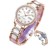 OLEVS Roségold Damenuhren Keramik Edelstahlband Automatische Mechanische Uhr Wasserdicht Leuchtender Zeiger Kalender Diamanten Elegante Uhren für Frauen Rot/Blau/Weiß Zifferblatt [Keine Batterie],