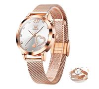 OLEVS Roségold Uhren Frauen Edelstahl Schicke Grosse Metall Armbanduhr Damen Analog Kleid Wasserdicht Damenuhren Weiß Zifferblatt mit Diamant Herzform Quarz Leuchtende Uhren Damen Mesh Armband
