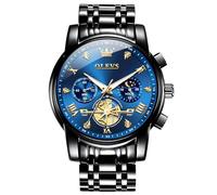 OLEVS Schwarz Herrenuhr Metallarmband Modern Analog Kleid Uhren Herren Wasserdicht Leuchtend Großes Blau Zifferblatt Armbanduhr Herren mit Mondphase Stylish Edelstahl Uhren für Männer Chronograph