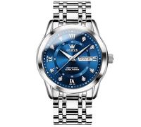 OLEVS Silber Armbanduhr Herren Wasserdicht Lässig Großes Metallarmband Herren Uhren Blau Zifferblatt Edelstahl Herrenuhren mit Datumsanzeige Quarz Analoge Kleid Uhr Männer Leuchtende Römische Zahlen