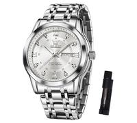 OLEVS Silber Herrenuhr Edelstahl Modern Weiss Zifferblatt Uhren Herren Wasserdicht Elegante Analog Kleid Uhr für Männer mit Datum Grosse Metallarmband Armbanduhr Herren Leuchtziffern Geschenke
