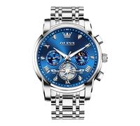 OLEVS Silber Herrenuhr Metallarmband Moderne Wasserdicht Leuchtend Männer Uhr Mondphase Elegante Quarz Analog Uhr für Herren Blau Großes Zifferblatt Chronograph Herren Armbanduhr Edelstahl Geschenke