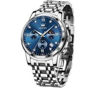 OLEVS Silber Herrenuhren Edelstahl Elegnt Quarz Armbanduhr Herren Analog Kleid Großes Blau Zifferblatt Männer Uhr mit Datum Mondphasen Modern Wasserdicht Herrenarmbanduhren Metallarmband Geschenke