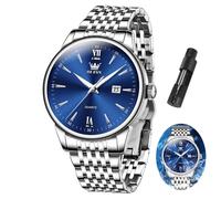 OLEVS Silber Uhren Herren Blau Zifferblatt Edelstahl Herrenuhr Metallarmband Wasserdicht Groß Herren Armbanduhr mit Datumsanzeige Moderne Quarz Analog Uhren für Männer Leuchtend