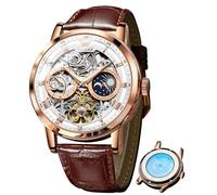 OLEVS Skeleton Herren Automatische Mechanische Uhren Leder Mondphase Selbstaufziehend Luxus Anzug Wasserdicht Leuchtende Armbanduhren für Herren