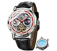 OLEVS Skelett-Uhren für Herren, automatisch, mechanisch, selbstaufziehend, Tourbillon-Lederband, Luxuskleid, Mondphasen-Armbanduhr, wasserdicht, leuchtend, Rot/Ausflug, einfarbig (Getaway Solids