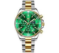 OLEVS Uhr Herren Gold Silberne Edelstahl Mit Grünem Ziffernblatt Analog Quarz Uhr Multifunktional Chronograph Bicolor Armbanduhr Herren Luxus Classic Leuchtend Wasserdicht mit Datum Herrenuhr