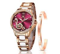 OLEVS Uhren für Damen, automatisch, mechanisch, selbstaufziehend, Rotgold, Damenuhr, Diamantkleid, Keramikarmband, wasserdicht, weibliche Armbanduhr, Rotes Zifferblatt, Elegante Armbanduhr