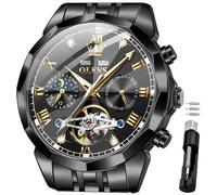 OLEVS Uhren für Herren, automatisch, mechanisch, luxuriös, großes Zifferblatt, selbstaufziehend, Tourbillon, Skelett, leuchtende Armbanduhren, G6620: Schwarzes Band und schwarzes Zifferblatt