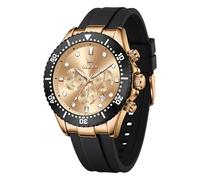 OLEVS Uhren für Herren, großes Zifferblatt, Chronograph, Quarz-Armbanduhr mit schwarzem Silikonband, wasserdicht, leuchtend, sportlich, lässig, mit Datum, luxuriöse Edelstahl-Lünette, rotgoldenes