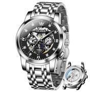 OLEVS Uhren für Herren, luxuriös, Skelett, automatisch, mechanische Herrenuhr, Diamant, Mondphase, wasserdicht, Datum, selbstaufziehend, Herrenuhr, 6721: Silber/Schwarz