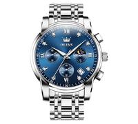 OLEVS Uhren Herren Silber Edelstahl Chronograph Großes Herrenuhren Blau Zifferblatt Quarz Armbanduhr Herren Analog mit Datum Mondphase Wasserdicht Herrenarmbanduhren Metallarmband Geschenke