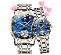 OLEVS Valentines Paar Automatikuhren für Sie und Ihn Paar Set Diamant Armbanduhr Männer und Frauen Liebhaber Hochzeit Romantische Geschenke Set von 2, AA: Zweifarbiges Band und blaues Zifferblatt