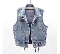 OLGER Ärmellose Jeansweste-Vintage Distressed Washed Denim Weste Kordelzug Große Taschen Kurze Jeansweste Plus Size Jeansjacke Einreiher Cardigan Top Outwear,Dunkelblau,2XL