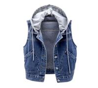 OLGER Damen Jeansweste-Vintage Distressed Washed Denim Weste Kordelzug Abnehmbare Kapuze Kurze Jeansweste Jeansjacke Cropped Freizeit Sommer Frühling Jeansjacke Cardigan Top Outwear,Dunkelblau,S