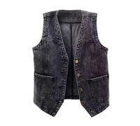 OLGER Denim Weste-Vintage-Gewaschene Jeansweste Täglicher V-Ausschnitt Kurze Jeansweste Plus-Größen-Jeansjacke Cropped Freizeit Sommer Frühling Jeansjacke Knopfleiste Strickjacke,Schwarz,XL