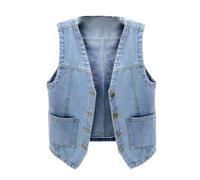 OLGER Jeansweste-Vintage Washed Denim Weste Daily V-Ausschnitt Kurze Jeansweste Plus Size Jeansjacke Cropped Freizeit Sommer Frühling Jeansjacke Knopfleiste Cardigan Top,Hellblau,L