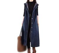 OLGER Rmellose Jeansweste Für Damen-Elegante Gewaschene Jeansweste Lange Weste Jeans Plus Size Jeansjacke Mit Kapuze Lässig Sommer Frühlingsjacke Kleid Knopfleiste Jacke Übergangsjacke,Marineblau,XXL