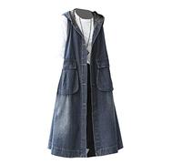 OLGER Rmellose Jeansweste Für Damen-Elegante Gewaschene Jeansweste Weste Damen Lange Weste Jeans Plus Size Jeansjacke Große Taschen Mit Kapuze Lässige Sommerfrühlingsjacke Kleid Übergangsjacke, 3XL
