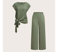 Olive Karomuster Bubble-Crepe Damenhemd mit Schleife und lockere gerade Hose, 2 Stücke Set, geeignet für Frühling/Sommer Urlaub