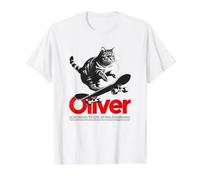 Oliver - Schöner Jungen Name mit Katze & Skateboard Preisgünstiges Grafik-T-Shirt, Herren, Weiß, S