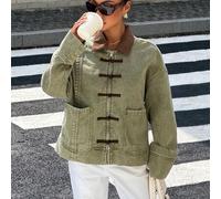 Olivgrüne Vintage Streetwear gewaschene Denimjacke mit braunem Cordkragen, Knebelknöpfen, lässiger Y2K Retro Kontrast Denim Jacke für Damen Herbst