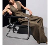 Olivgrünes Seidenglanz-Satin-Finish Ärmellose Figurbetonte Weste & Hochbund Weite-Bein-Hose Anzug Set, 2 Stücke Outfit mit Metall-Dekor-Schnalle, Läss