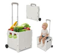 Ollewiellan Einkaufstrolley Klappbar 45L, Faltbare Einkaufskiste mit Deckel, 2 Rollen & höhenverstellbarem Teleskopgriff, belastbar bis 35 kg, Transportbox für Einkauf, Camping, Markt, Weiß