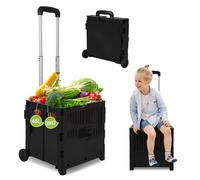 Ollewiellan Einkaufstrolley Klappbar 45L, Faltbare Einkaufskiste mit Deckel, 2 Rollen & höhenverstellbarem Teleskopgriff, belastbar bis 35 kg, Transportbox für Einkauf, Camping, Markt, Schwarz