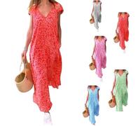 OLLWBYDM Bedrucktes, kurzärmliges langes Kleid mit V-Ausschnitt, Sommer-Maxikleider mit Leopardenmuster für Damen (Red,Large)