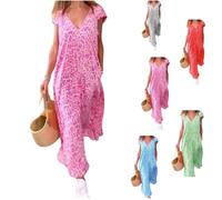 OLLWBYDM Bedrucktes, kurzärmliges langes Kleid mit V-Ausschnitt, Sommer-Maxikleider mit Leopardenmuster für Damen (pink,3X-Large)