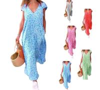 OLLWBYDM Bedrucktes, kurzärmliges langes Kleid mit V-Ausschnitt, Sommer-Maxikleider mit Leopardenmuster für Damen (Blue,Medium)