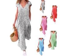 OLLWBYDM Bedrucktes, kurzärmliges langes Kleid mit V-Ausschnitt, Sommer-Maxikleider mit Leopardenmuster für Damen (Gray,Small)