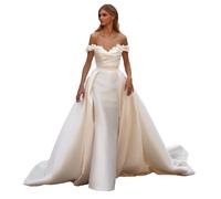 OLLWBYDM Damen Satin Meerjungfrau Brautkleider Schulterfrei mit Abnehmbarem Zug Braut Gonws, Elfenbeinfarben, 36