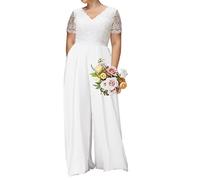 OLLWBYDM Hosenanzug Chiffon Kurzarm Jumpsuit V-Ausschnitt Spitzen Hochzeitskleid Standesamt, Weiß, 48