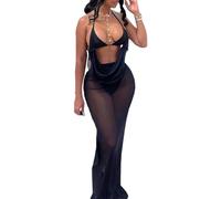 Oludkeph Damen Gothic Rave Outfit Y2K Hollow Out Spleißen Maxikleid ärmellos Mesh Cocktail Party Clubkleider (DE/NL/SE/PL, Alphanumerisch, S, Regular, Regular, Schwarz)