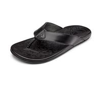 OLUKAI Mekila Herren Strandsandalen Vollnarbenleder Flip-Flop Slides Kompressionsgeformtes Fußbett & Comfort Fit Enhanced Grip Sohlen, Schwarz/Schwarz, 43 EU
