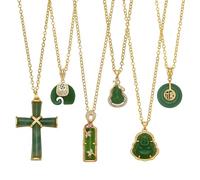 OLYCRAFT 6 Stück Glücksbringer Buddha Halskette Grünes Jade Kreuz Anhänger Halsketten Set Messing Halsketten Mit Lachendem Buddha Chinesische Fu Glücksanhänger Halsketten Für Schmuckgeschenk